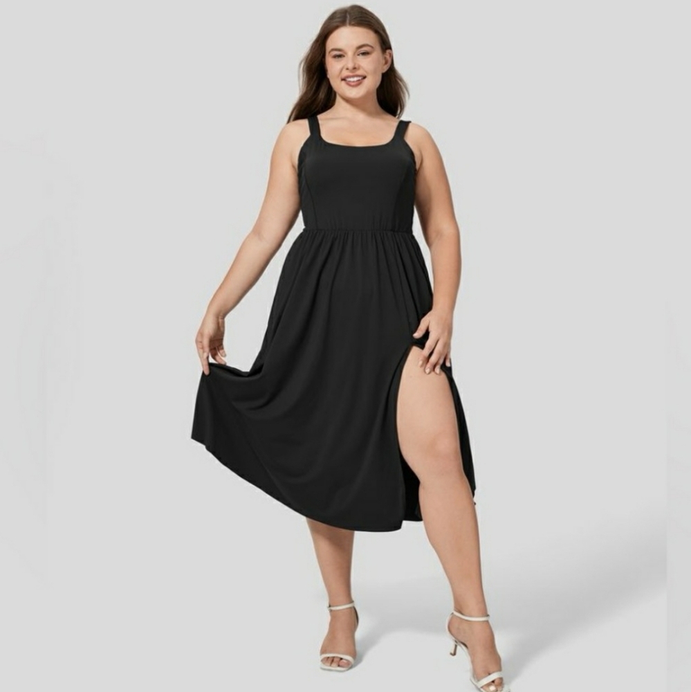 NWT Halara Twisted Back Side Slit Midi Dress With Pockets In Black (Size…